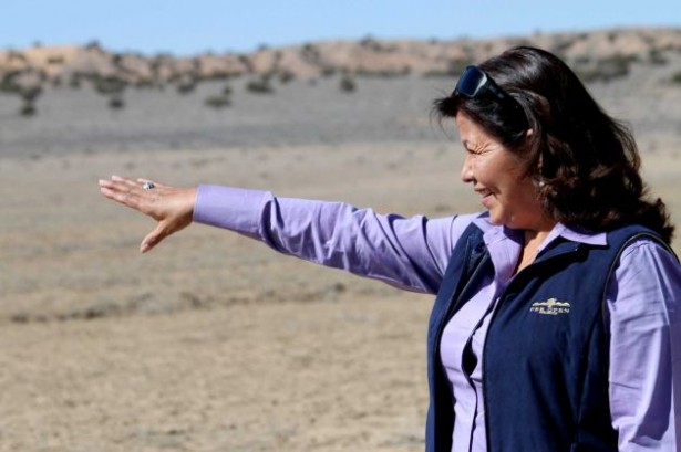 In this March 13, 2012 photo, Delores Apache, president of To'Hajiilee Economic Development Inc., points to where solar panels will be installed near the Navajo community in To'Hajiilee, New Mexico. The To'Hajiilee have received funding from the U.S. Depa